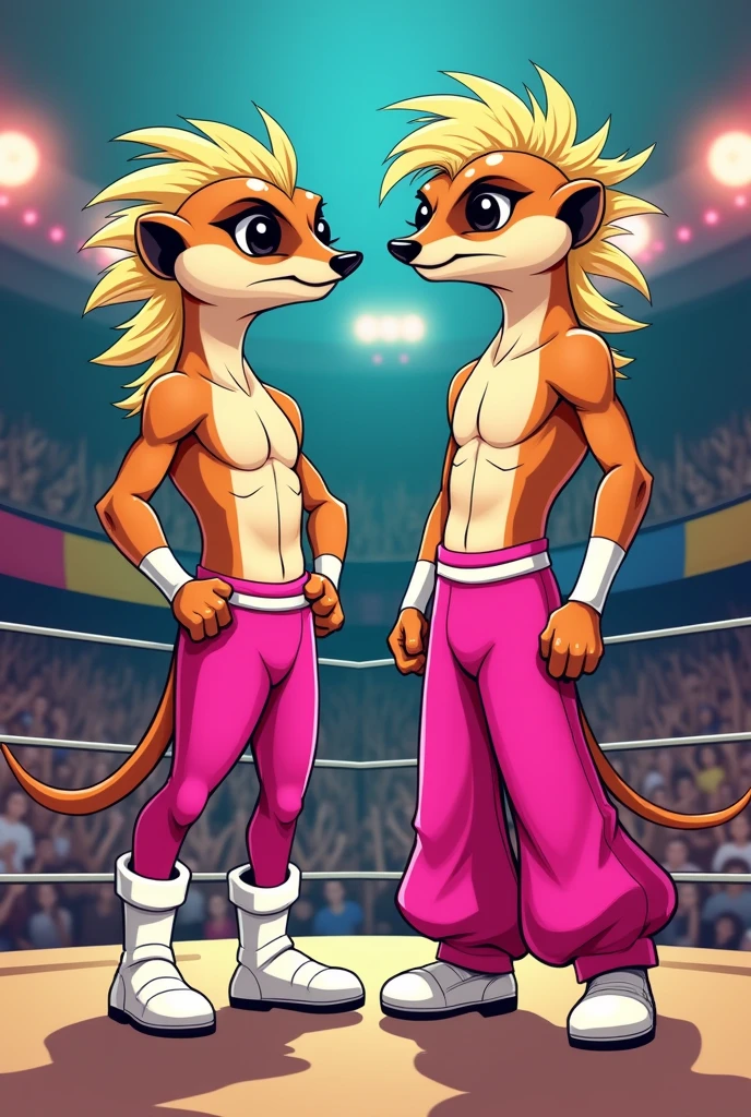 Two cartoon meerkats dressed like wrestling tag-team the Midnight Express,. One is wearing pink wrestling trunks and white boots and white wrist tape. The other is wearing long pink wrestling pants with boots. Both have blond mullets and no shirt on.