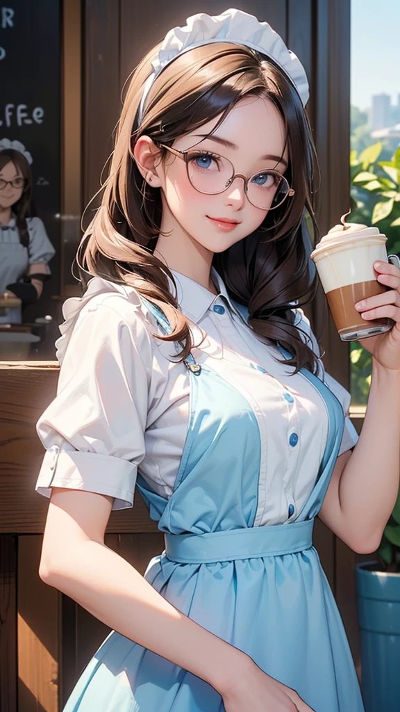 One Girl(High resolution, masterpiece, accurate, Anatomically correct), ((Landscape、Wearing glasses、A happy look、holding a tray with coffee.))、(Hair the color of water, with ends that are fluffy、Light blue eyes)、((Cute summer maid outfit with short sleeves、))((Inside a coffee shop))、Highest quality, Ultra high definition, High-resolution model