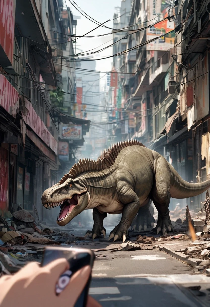 A Tyrannosaurus rex, walks through a ruined Downtown Bangkok, focus on its tiny clasping hands as it hunts Tik Tok women
