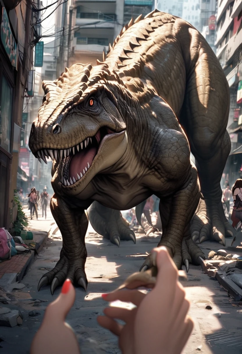 A Tyrannosaurus rex, walks through a ruined Downtown Bangkok, focus on its tiny clasping hands as it hunts Tik Tok women
