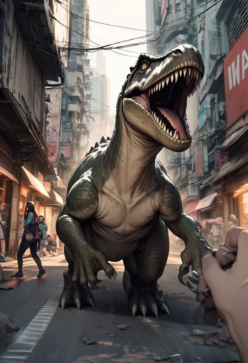 A Tyrannosaurus rex, walks through a ruined Downtown Bangkok, focus on its tiny clasping hands as it hunts Tik Tok women