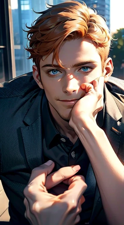 (best quality,4k,8k,highres,masterpiece:1.2),ultra-detailed,(realistic,photorealistic,photo-realistic:1.37),1 man,31 years old,mature man,very handsome,without expression,smile,short orange hair,blue eyes,penetrating gaze,perfect face without errors,imposing posture,businessman,office background,cinematic lighting,hdr image