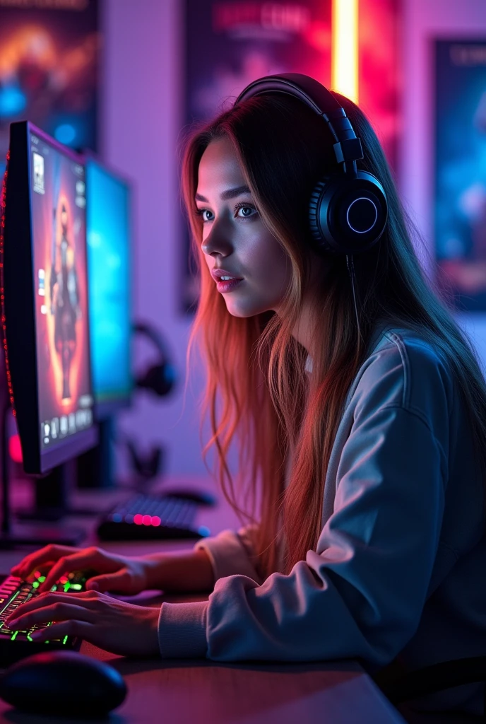 (photorealism:1.2), beautiful woman playing pc games video format 