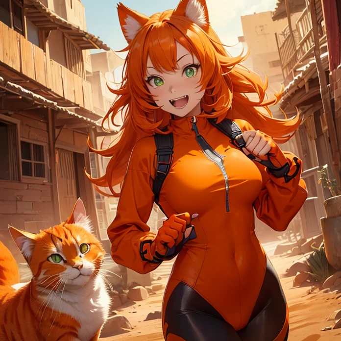 High Resolution, HD, High Quality, Super Detailed, High Details, Masterpiece, Anime, Anime Style, Character Design, high fantasy, epic art, animal characteristics, real animal with humanoid features, humanoid animal with true humanoid with true animal festures
{{adult female domestic orange cat female explorer:(green cat eyes, orange cat head, orange cat face, orange cat pink nose, orange cat mouth, orange cat ears, orange cat neck, orange cat slender body, medium breasts,all body covered in orange cat fur, slender orange cat arms, orange cat hips, orange cat legs, orange cat hands with 4 fingers and 1 thumb, orange cat tail),(blue sailor shirt, red leggings, red shoulderpads, blue gloves, redd knee pads, 2 silver daggers on each hand),(laughing with her open cat mouth showing her own cat famgs and teeth, running fiercely to fight and sneak attack),(kenya desert, sunny dawn, sandy ecosystem amd ground, several arabic towers destroyed around)}}