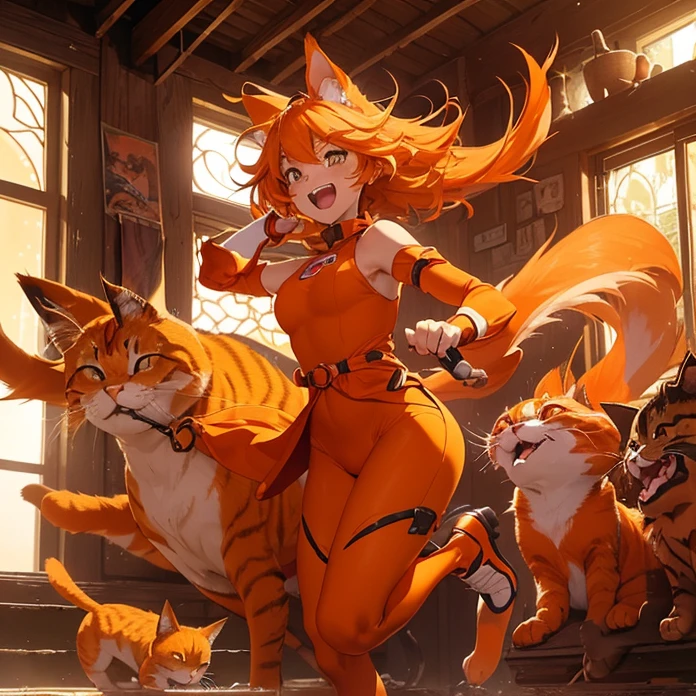 High Resolution, HD, High Quality, Super Detailed, High Details, Masterpiece, Anime, Anime Style, Character Design, high fantasy, epic art, animal characteristics, real animal with humanoid features, humanoid animal with true humanoid with true animal festures
{{adult female domestic orange cat female explorer:(green cat eyes, orange cat head, orange cat face, orange cat pink nose, orange cat mouth, orange cat ears, orange cat neck, orange cat slender body, medium breasts,all body covered in orange cat fur, slender orange cat arms, orange cat hips, orange cat legs, orange cat hands with 4 fingers and 1 thumb, orange cat tail),(blue sailor shirt, red leggings, red shoulderpads, blue gloves, redd knee pads, 2 silver daggers on each hand),(laughing with her open cat mouth showing her own cat famgs and teeth, running fiercely to fight and sneak attack),(kenya desert, sunny dawn, sandy ecosystem amd ground, several arabic towers destroyed around)}}