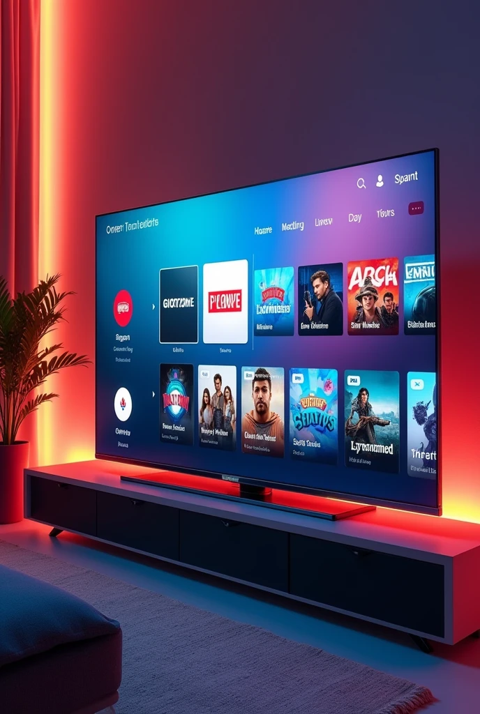 Futuristic television with a multi-screen menu showing a menu with live channels, series and movies