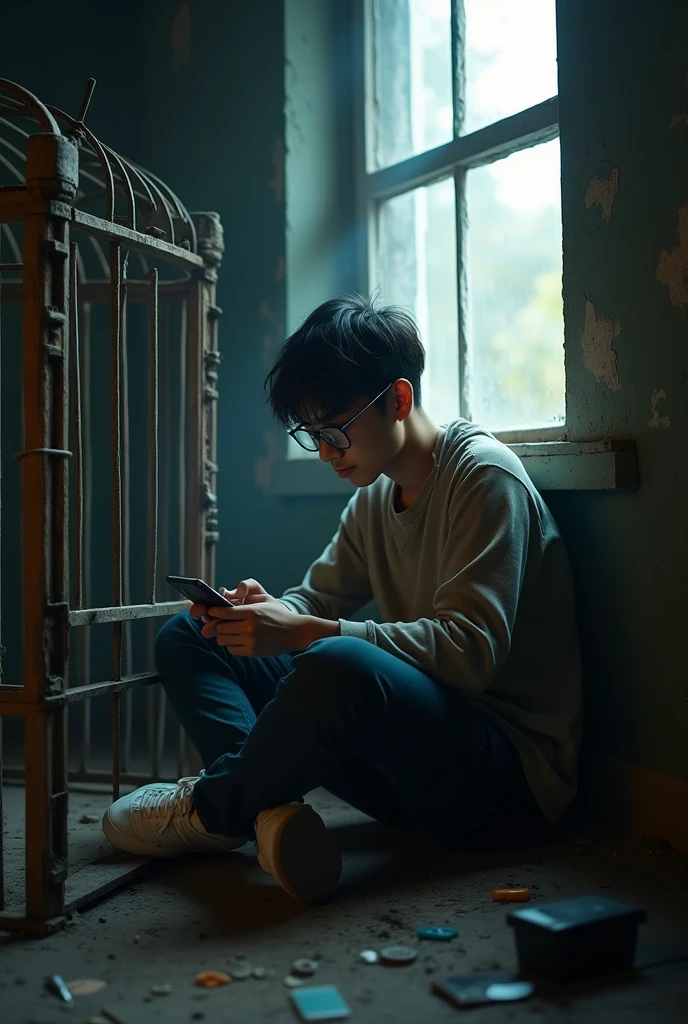digital art, 25 year old student, Asian man, wearing glasses,hold android phone, corner of old cage, in a messy room, a bit shabby,light from the blurry window