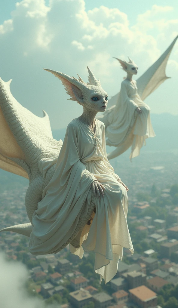 Screenshot, aliens in gorgeous white clothes, pale (lifeless), rough skin, rough textured clothes, deep wrinkles, aliens riding giant dragons in the sky, pure white light, detailed skin expression, aerial background above the town (realistic film lighting, 4K quality, surreal, detailed photography, film style, 35mm, rich and deep colors, masterpiece, ultra high resolution, photorealistic, 8k, surrealism, Fujifilm: 1.3), mysterious and beautiful atmosphere, gorgeous and fantastic atmosphere, fog, rough image texture, mysterious atmosphere, spiritual beings (not AI image),
