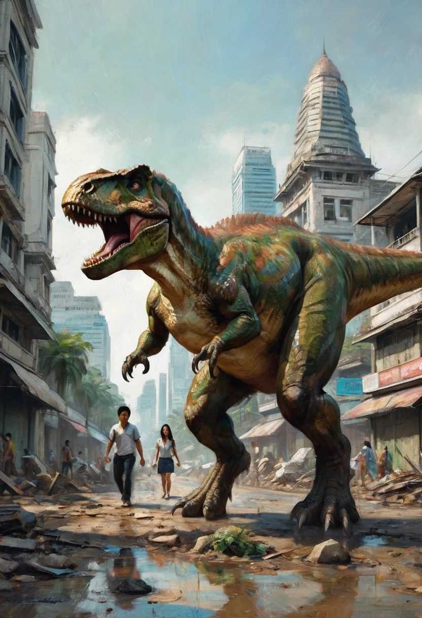 A Tyrannosaurus rex, walks through a ruined Downtown Bangkok, focus on its tiny clasping hands as it hunts Tik Tok women
