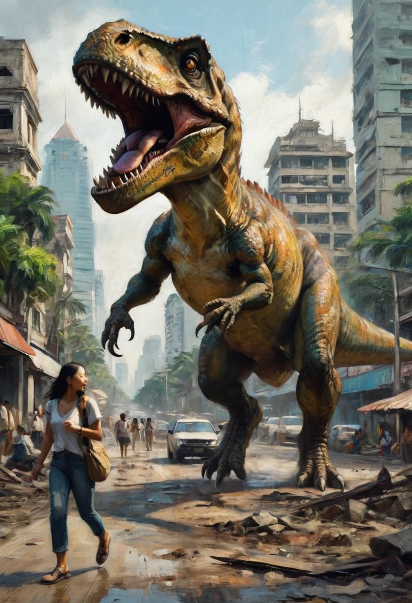 A Tyrannosaurus rex, walks through a ruined Downtown Bangkok, focus on its tiny clasping hands as it hunts Tik Tok women
