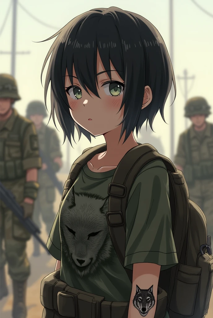 1girl, Mukuro Ikusaba, Danganronpa, Really short hair(black), freckles, military gear, pale grey eyes, t-shirt(camo pattern), looking forward, black hair wolf tattoo on hand, medium breasts, She shyly looks at you blushing as she tries to say "I love you" to you. 