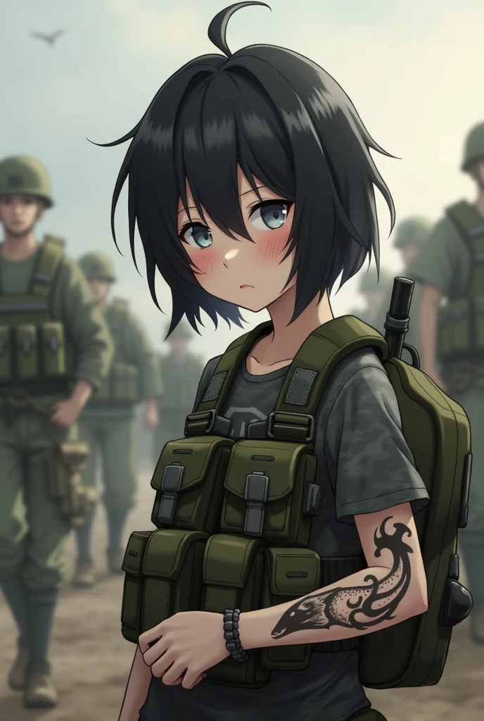1girl, Mukuro Ikusaba, Danganronpa, Really short hair(black), freckles, military gear, pale grey eyes, t-shirt(camo pattern), looking forward, black hair wolf tattoo on hand, medium breasts, She shyly looks at you blushing as she tries to say "I love you" to you. 
