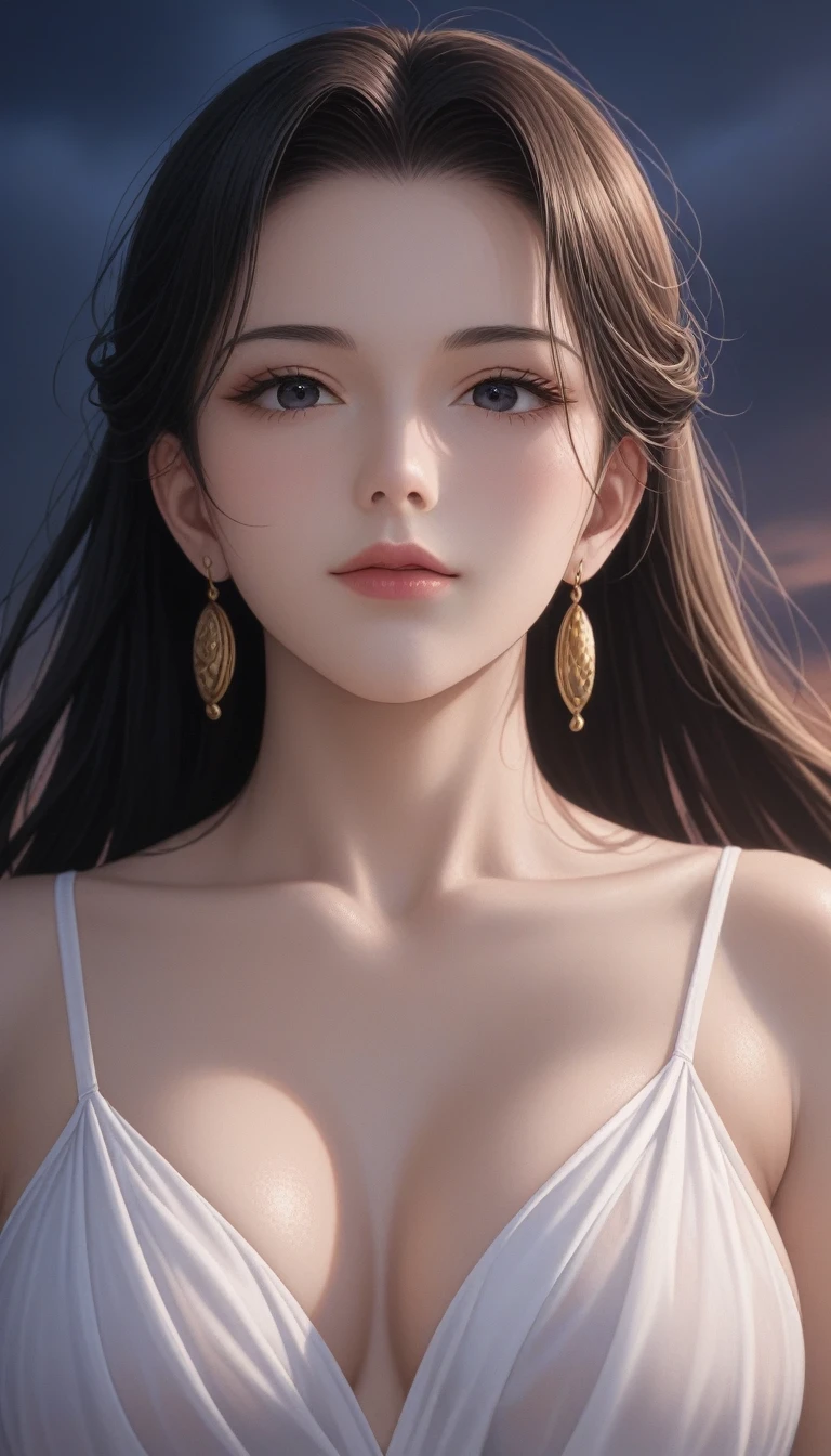 score_9, score_8_superior, score_7_superior, High-resolution CG illustration,A masterpiece in 32K resolution,Highest quality,it is really amazing,Very detailed,Ultra-high resolution,Ultra-realistic,Realistic,Increased depth of field,Cinematic lighting,
Sexy mature Japan woman,
Glossy black hair,Wavy long hair,Showing his forehead,god々Beautiful,Ultra-detailed and beautiful face,Sensual look,Beautiful dark brown, moist eyes,Pitch black eyes,Glowing, moisturized skin,Translucent white skin,born々New skin texture,Great proportions,
(A long, white draped dress in the style of an ancient Greek chiton:1.05),
Simple design,コットンborn地の柔らかな質感,Beautiful flowing drape,
A dark and blurry night background,Dark overcast sky on a dull night,Dark clouds filling the sky,Thundercloud,Coastline at night,Golden reflections on the sea surface,delay々A desolate sandy beach that continues,
Low - Angle,