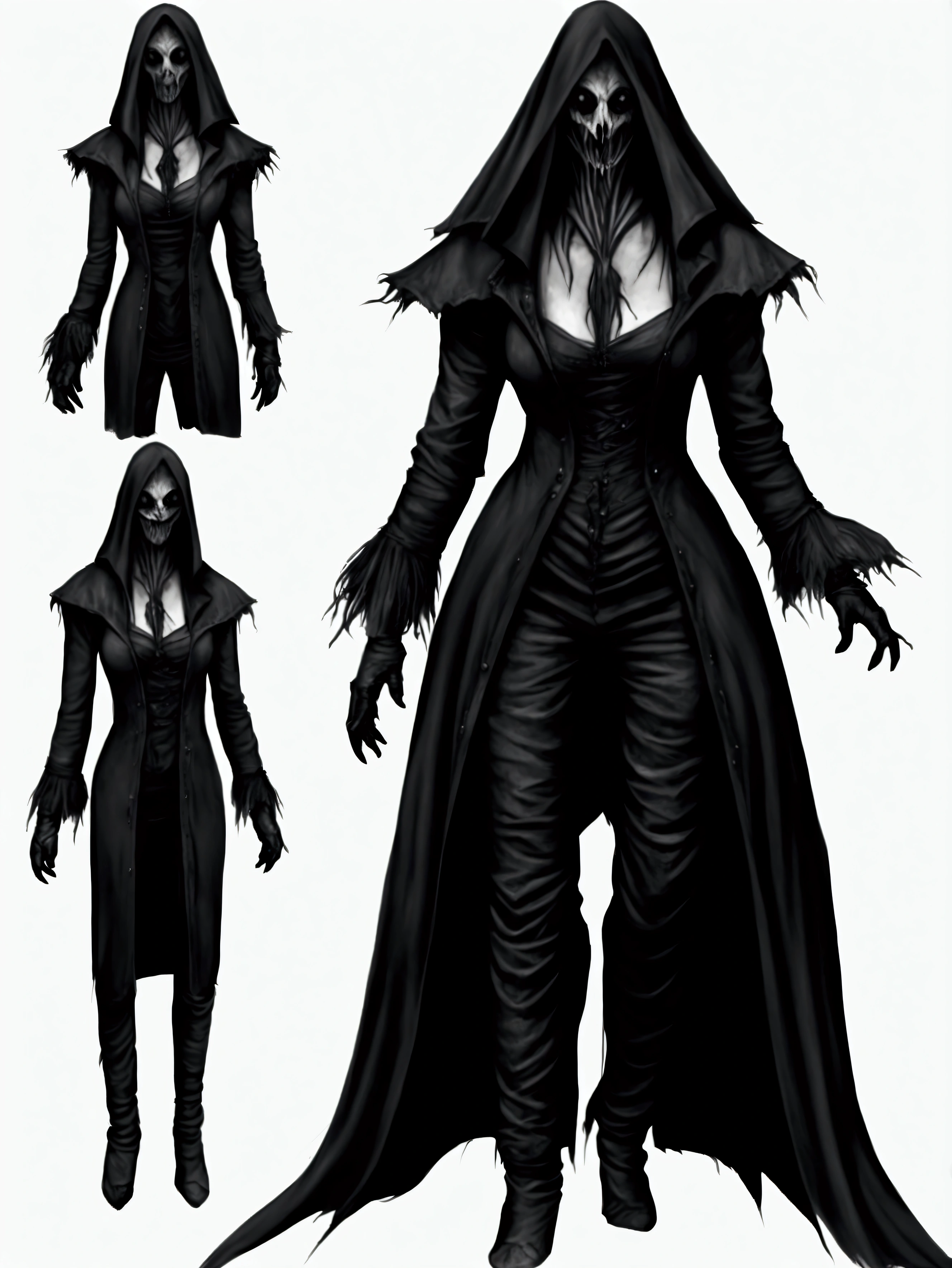 Make me a drawing of a horror character that is easy to draw and that has the following that is tall and that looks like it is, inhuman form and that has a realistic type of shading