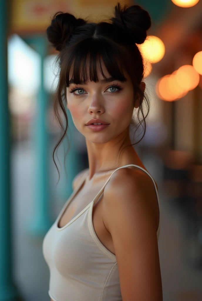 Mexican A beautiful pale-skinned Latina , eyes blue, full body, perfect body, two buns, straight bangs, (best quality,4k,8k,highres,masterpiece:1.2),ultra-detailed,(realistic,photorealistic,photo-realistic:1.37),HDR,UHD,studio lighting,ultra-fine painting,sharp focus,physically-based rendering,extreme detail description,professional,vivid colors,bokeh,portraiture,glamour,sensual,alluring, in style of Retna, full body portrait