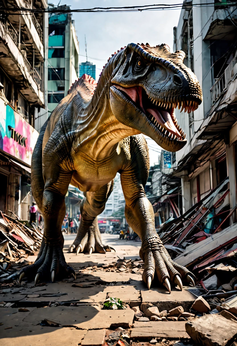 A Tyrannosaurus rex, walks through a ruined Downtown Bangkok, focus on its tiny clasping hands as it hunts Tik Tok women