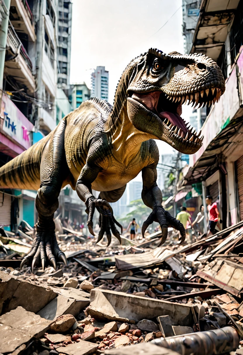 A Tyrannosaurus rex, walks through a ruined Downtown Bangkok, focus on its tiny clasping hands as it hunts Tik Tok women