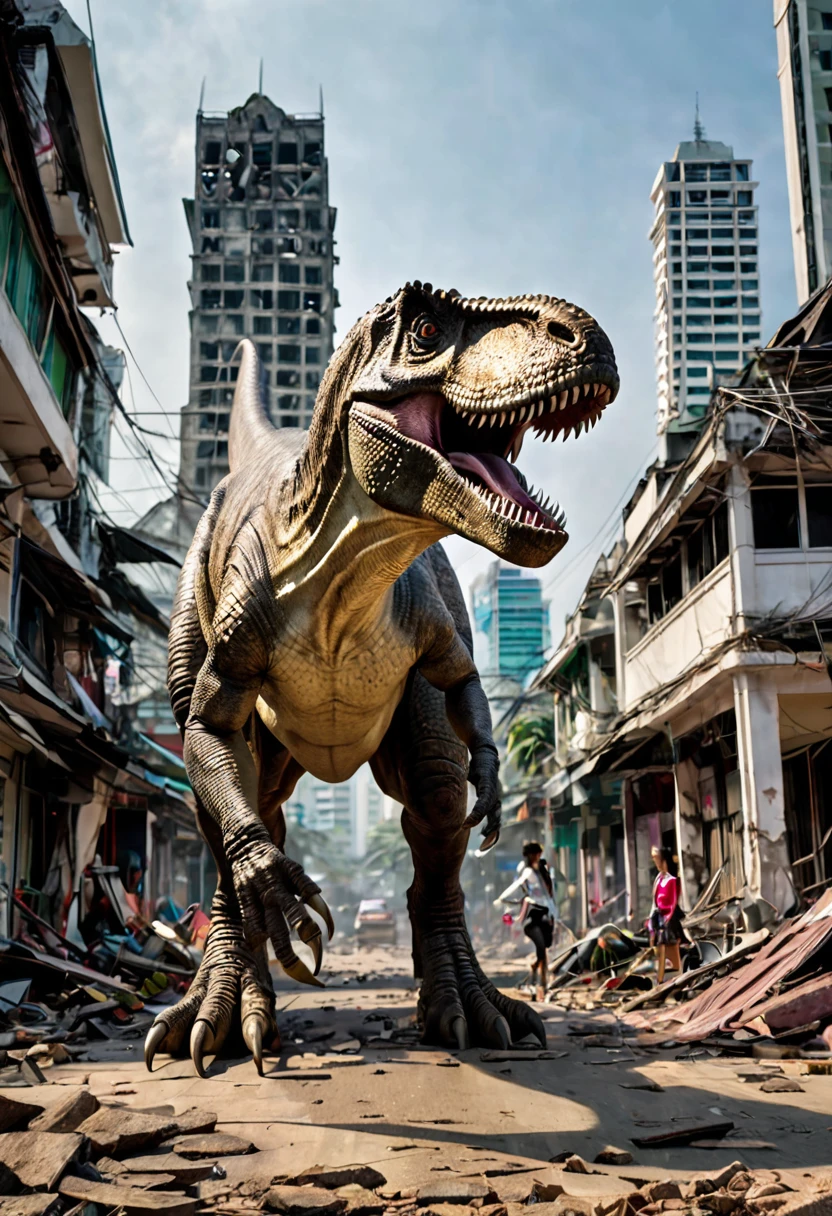 A Tyrannosaurus rex, walks through a ruined Downtown Bangkok, focus on its tiny clasping hands as it hunts Tik Tok women