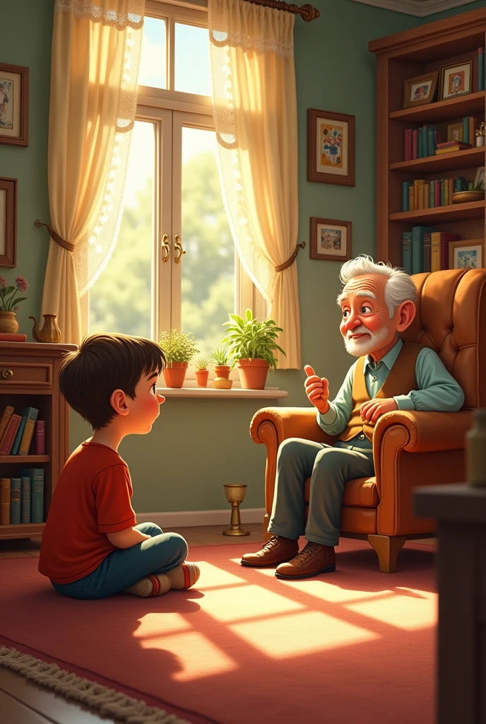 Design a drawing that involves a grandson and his grandfather having a conversation.