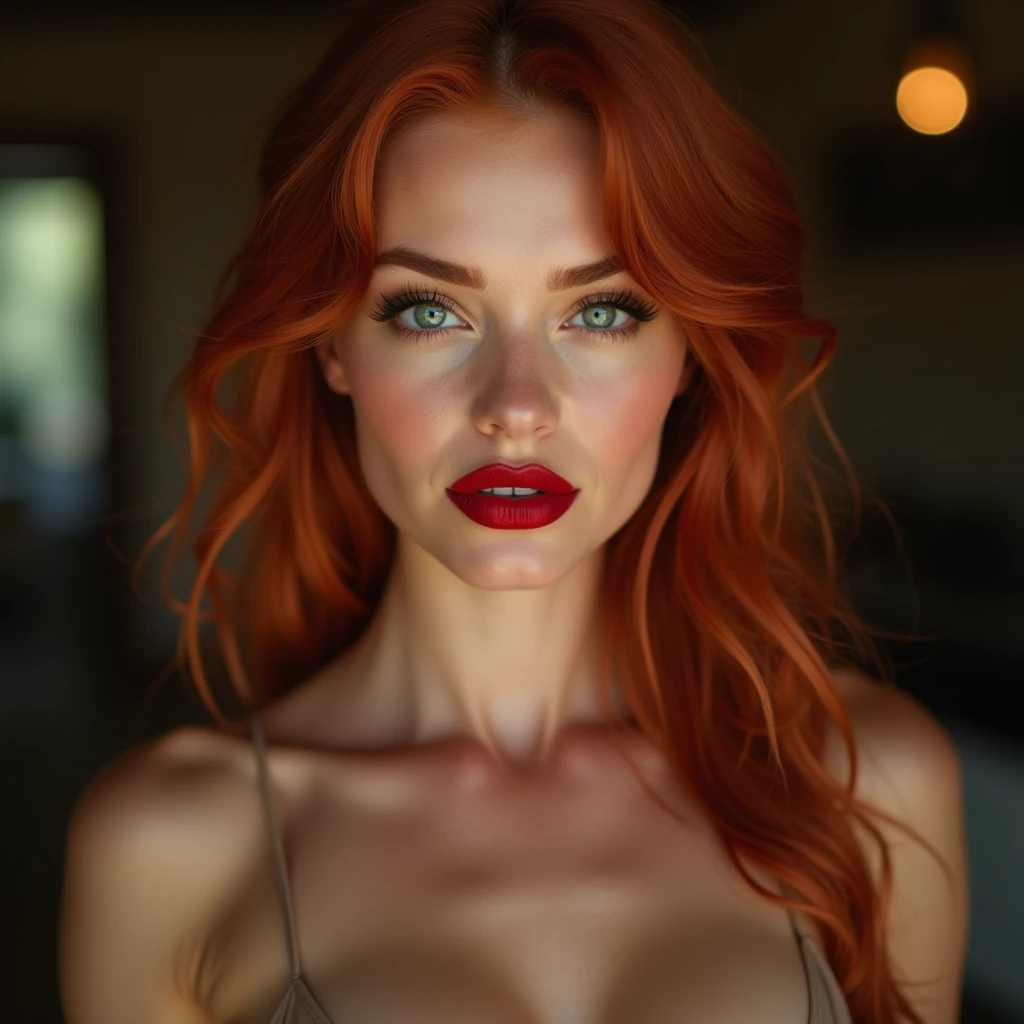 extreme close-up portrait, ultra realistic, photography, long straight red hair, (30 years old, hourglass figure, perfect body, natural medium breasts), Long eye lashes, seductive eyes, Award Winning Glamour Photograph extremely detailed award winning glamour photograph, front lit, HDR, she wears a sheer black bra, she has a flirty look and her lips are slightly parted,
