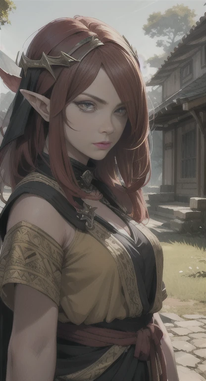 Extremely realistic shading, masterpiece, extremely detailed, photorealistic, red hair, Yellow eyes, Tan skin, Supreme arcane, Hylia, Hylian's everywhere, Hylia covered in tribal garb, Yggdrasil tribe, glaring at a viewer confused, village in background,