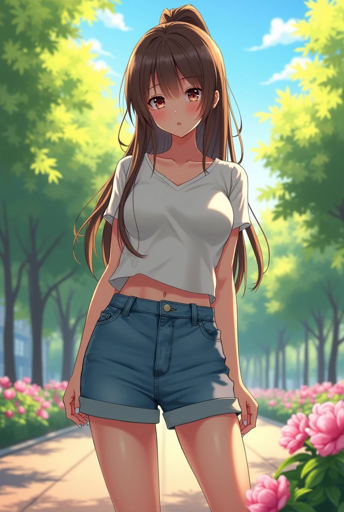 anime style drawing of a strong brunette girl with long hair tied up in front with full body shy with clothes