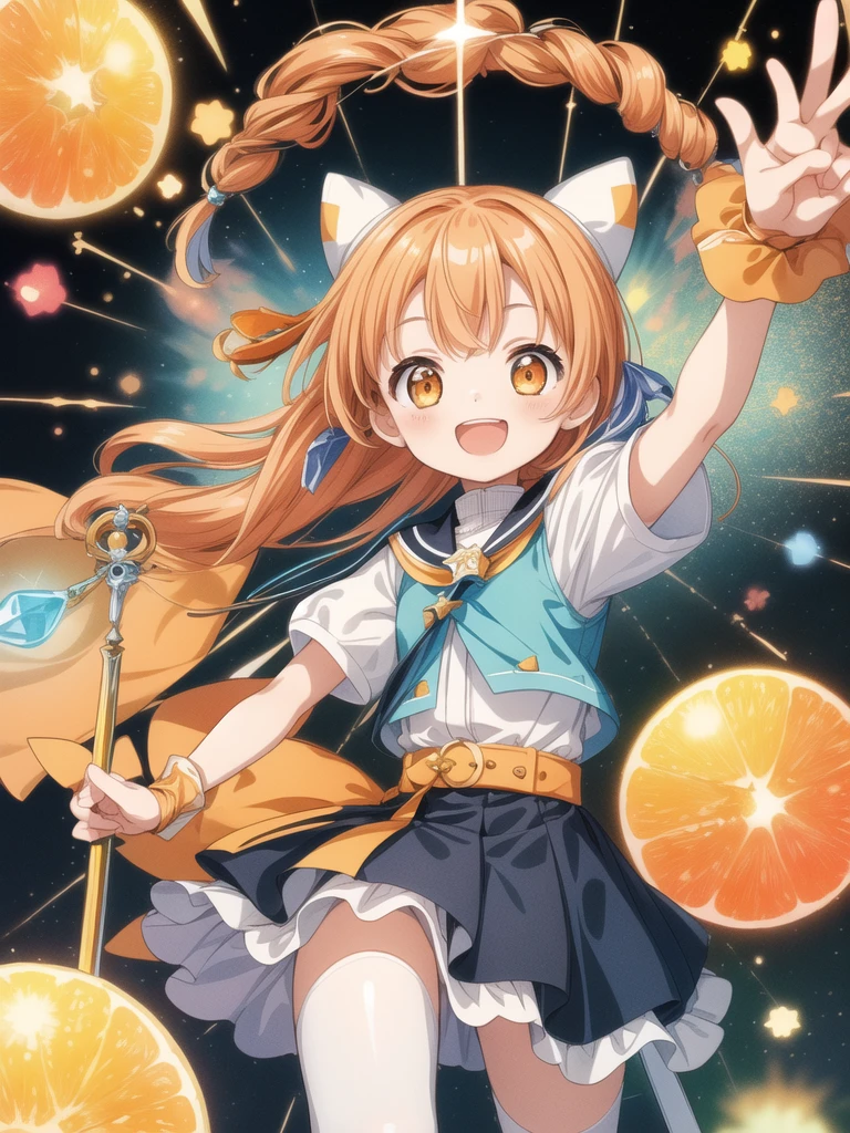 1girl,(((Highest quality、Masterpiece、Official Art、Dynamic composition、Super detailed、Perfect Anatomy)))、Milky and orange hair color、Orange and blue palette、happiness、Happiness、Creative new hairstyle、Unique clothing、Sparkling、mirrornun、A cute, giant wand of a magician、