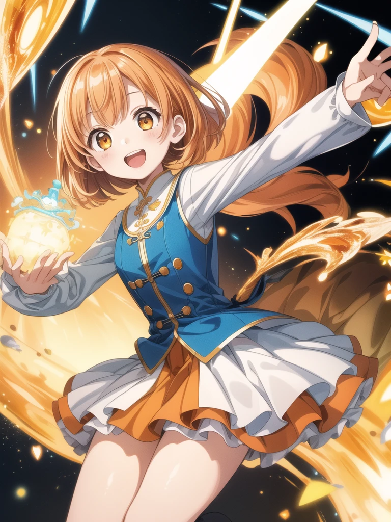 1girl,(((Highest quality、Masterpiece、Official Art、Dynamic composition、Super detailed、Perfect Anatomy)))、Milky and orange hair color、Orange and blue palette、happiness、Happiness、Creative new hairstyle、Unique clothing、Sparkling、mirrornun、A cute, giant wand of a magician、