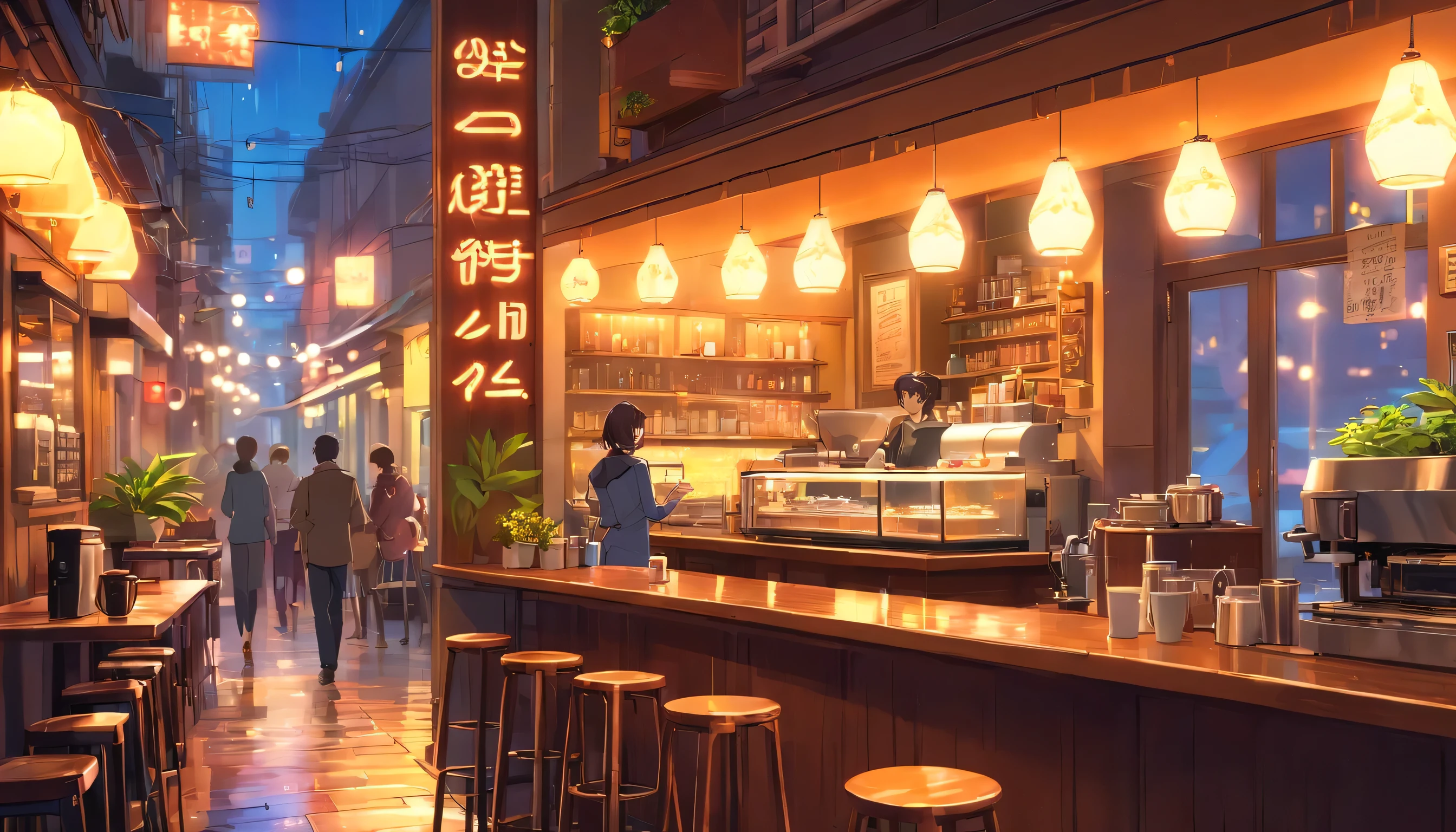 (neon-lit night scene),(low-fi coffee shop),(vibrant colors),(detailed coffee cup),(reflections on the table), (nostalgic vibes), (artistic painting style),(cozy atmosphere), (realistic textures), (coffee aroma in the air), (people chatting and laughing), (street view), (soft shadows), (dark alleyway), (city lights), (rainy weather), (raindrops on the windowpane), (blurred background), (decorative interior design), (aesthetic vibe), (indoor plants), (glowing neon sign), (barista preparing coffee), (smoke from the coffee machine), (an artistic slow-paced moment), (customers enjoying their drinks), (latte art), (music playing in the background), (steaming hot coffee),(floral patterned plates), (warm color tones), (cozy seating arrangement), (rustic wooden tables), (intimate ambiance), (bokeh lights), (candid moments captured), (artistic lighting effects), (dreamy atmosphere), (stylish bar counter), (traces of coffee spills), (artwork on the walls).