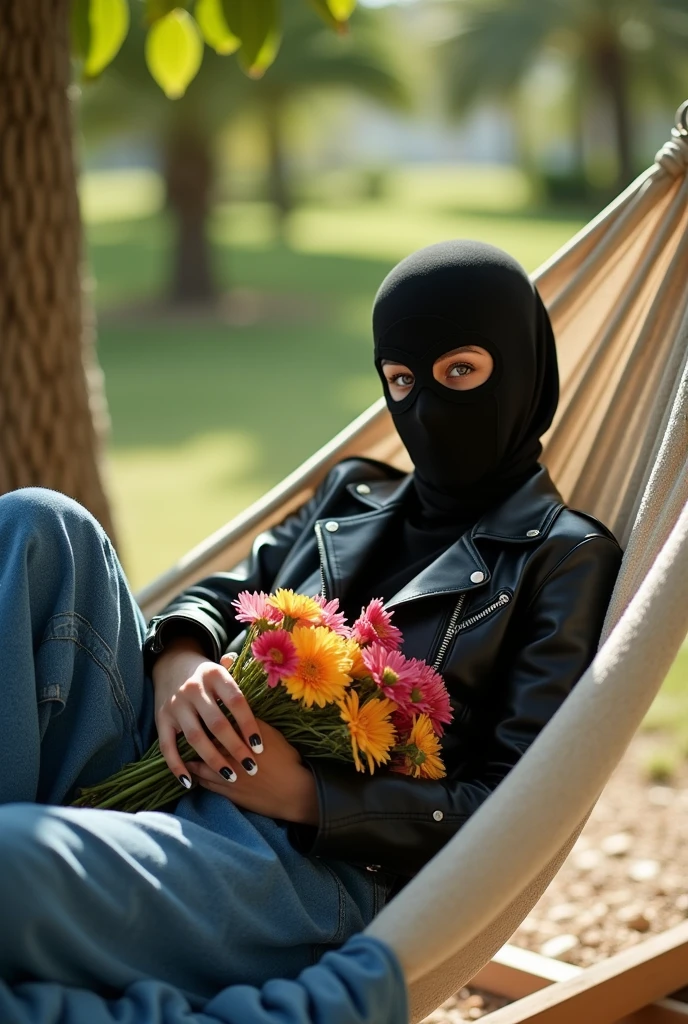 completely hidden face misterious white arabic woman wearing 2 eye holes black ski mask covering mouth and nose, without hair, black biker leather jacket, wide denim maxi skirt, lying on hammock, barefoot, sunny day, bouquet of flowers in arms
