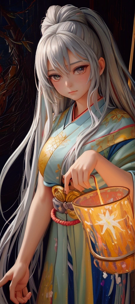 (((((woman)))))、Highest quality, Official Art, (beautifully、beautiful:1.4), (Oil painting:1.4) ),((male)) (lucifer), God of Japanese God Stories々々, fleeting beauty, A mysterious god illuminated by the starry sky, Winged Angel、god'Grace, Calm and thoughtful expression, Flowing Heavenly Robe, Dazzling silver stars light up the night view, Dance of shadows and lights, Whispers of Ancient Legends、Very slender、