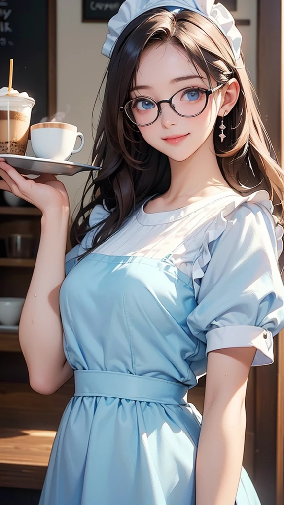 1 beautiful Thai girl (18 me), Ponytail, smooth, glasses, smile, Thin waist, sit, read, Place the coffee cup, café, (Oversized White Shirt:1.5), (See-through fabric:1.5), (open shoulder:1.5), anime, very high