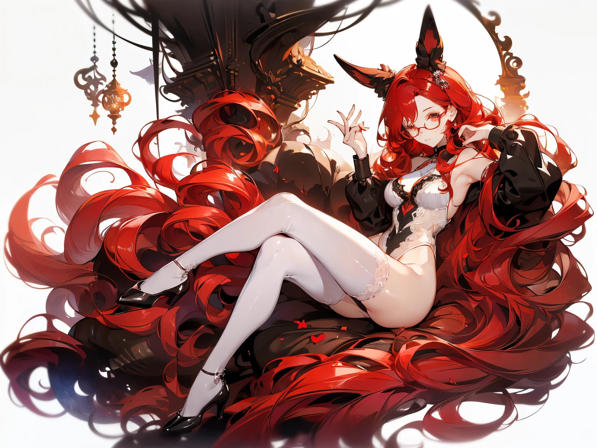 ((masterpiece, best quality)), Delicate face，Bunny Girl，Full body painting，Perfect body proportions，Long legs，((Long wavy hair)), ((Half of her hair is red，The other half is black，Available in two colors))，beautiful eyes，Fantasy style，White background，transparent，Sexy Lingerie，Lace，Glasses