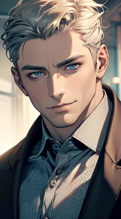 (best quality,4k,8k,highres,masterpiece:1.2),ultra-detailed,(realistic,photorealistic,photo-realistic:1.37),1 man,31 years old,mature man,very handsome,without expression,smile,short grey golden hair,blue eyes,penetrating gaze,perfect face without errors,imposing posture,businessman,office background,cinematic lighting,hdr image