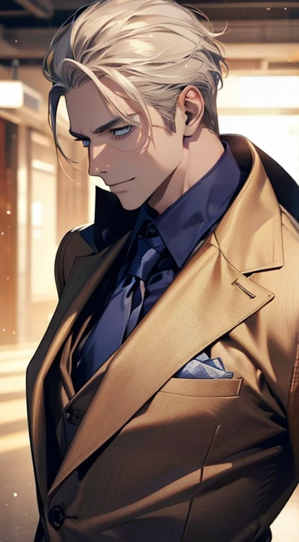 (best quality,4k,8k,highres,masterpiece:1.2),ultra-detailed,(realistic,photorealistic,photo-realistic:1.37),1 man,31 years old,mature man,very handsome,without expression,smile,short grey golden hair,blue eyes,penetrating gaze,perfect face without errors,imposing posture,businessman,office background,cinematic lighting,hdr image