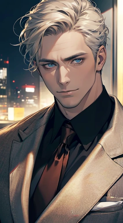 (best quality,4k,8k,highres,masterpiece:1.2),ultra-detailed,(realistic,photorealistic,photo-realistic:1.37),1 man,31 years old,mature man,very handsome,without expression,smile,short grey golden hair,blue eyes,penetrating gaze,perfect face without errors,imposing posture,businessman,office background,cinematic lighting,hdr image