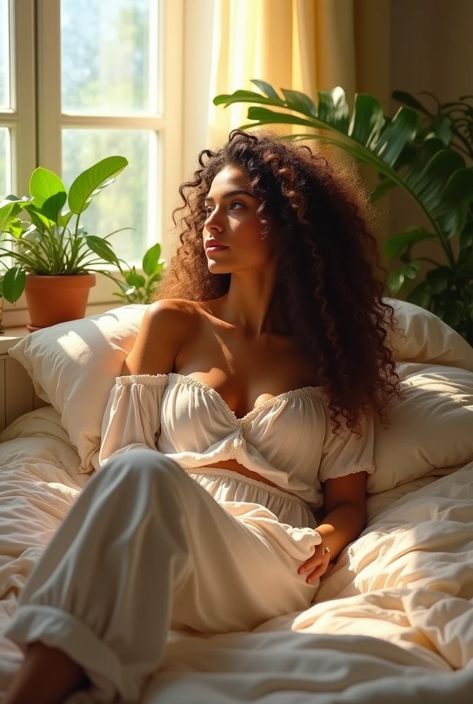 (photorealism:1.2), beautiful woman, sitting on bed, wearing loose off-shoulder top, pajama pants, long curly hair, indoors, soft lighting, plants in background, window with sunlight, cozy room, relaxed pose, realistic, intricate details, warm colors, by Greg Rutkowski, by Alphonse Mucha