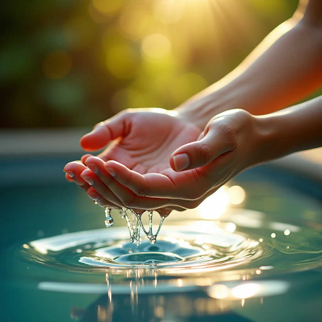 Close-up of two hands scooping up water, super close-up, light pouring in,