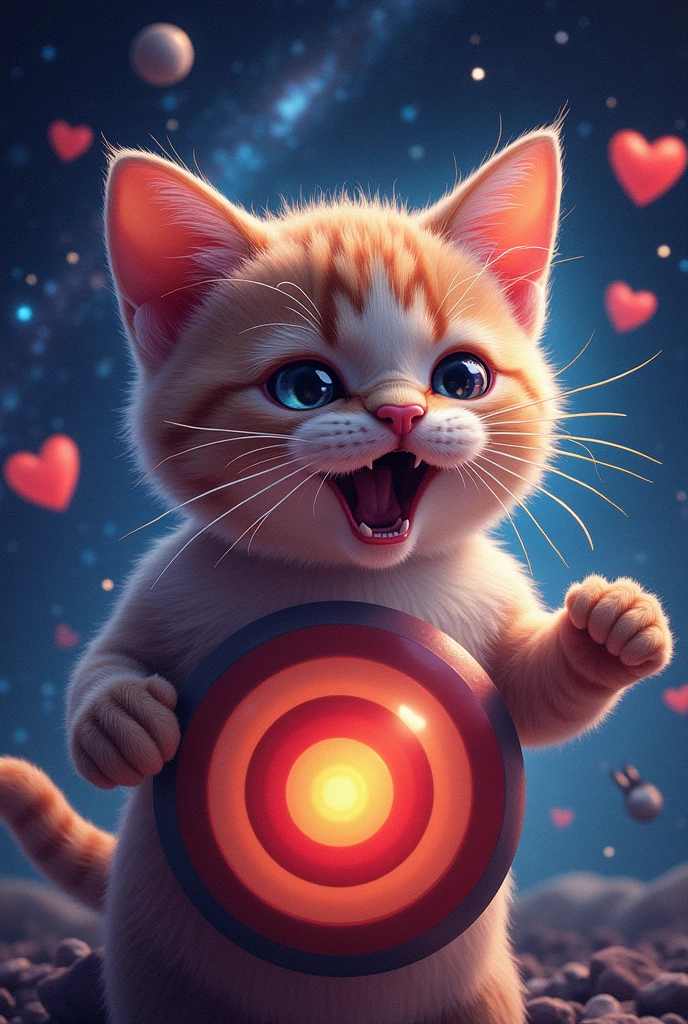 Close-up of cat face, Space in the background (Beautiful shining stars and galaxies), Space Cat, Large target "!?" on the screen is written in Large target letters on the screen,Heart symbol、Cute selfie,angry expression、Smile