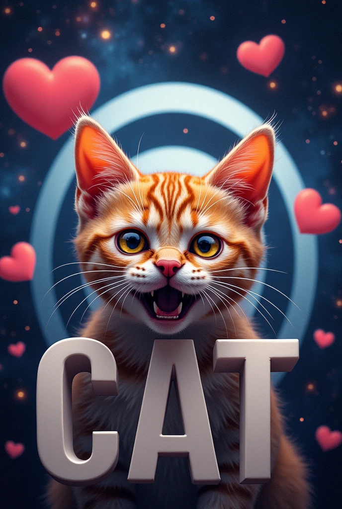 Close-up of cat face, Space in the background (Beautiful shining stars and galaxies), Space Cat, Large target "!?" on the screen is written in Large target letters on the screen,Heart symbol、Cute selfie,angry expression、Smile