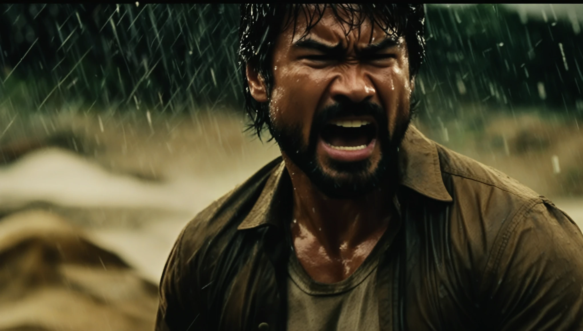 There is a man with a beard and a shirt screaming, Screaming in agony, tearing, Frame from the movie of Manny Pacquiao., tears running down the face, Karl Urban as Wolverine, Torrential rain falling, Like tears in the rain, It's time to die., screaming in pain, emotional image, Still dramatic movie, giga chad crying, arte the fan, Edited, Still dramatic movie
