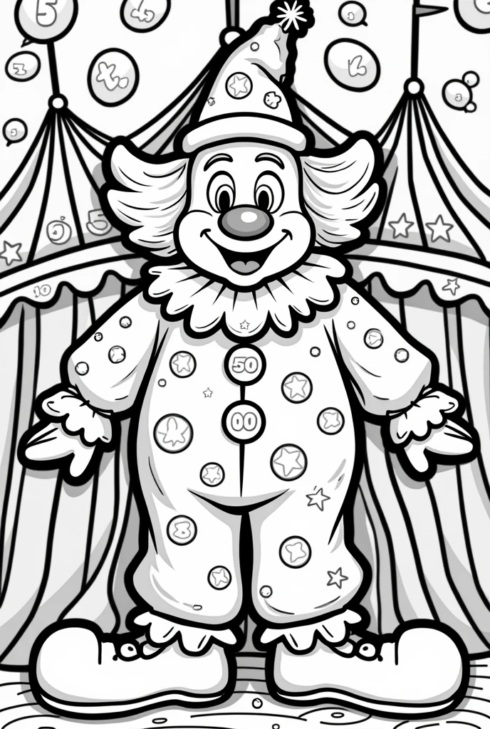Create an image of a clown that needs to be colored, where the blank spaces have addition and subtraction operations, Using natural numbers from 0 to 10