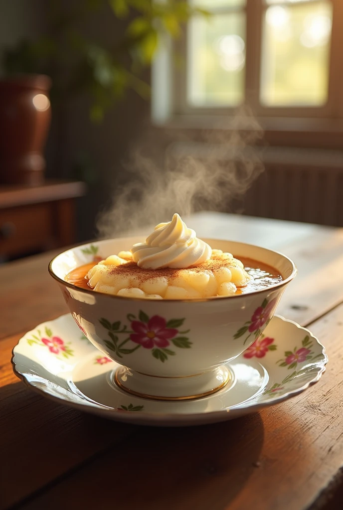 a rice pudding in its proper container, nice and warm and appetizing