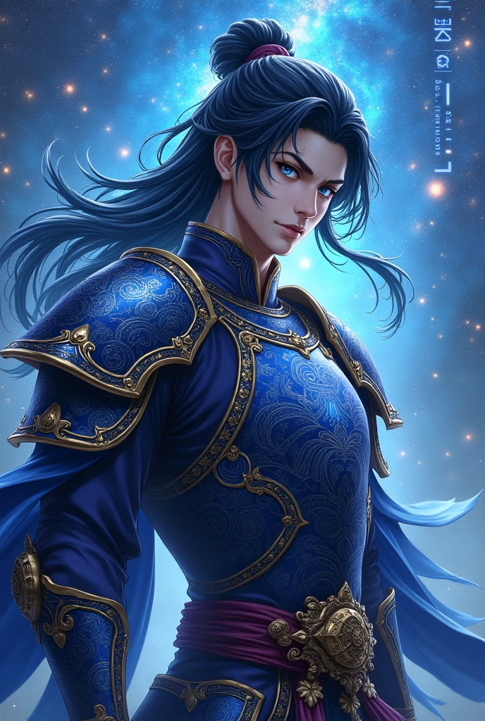 put the name: (The Eminent Divine Spirit), written in the drawing. Create a character, MALE with a JAPANESE ANIME ARMOR WARRIOR style in a cosmic environment, black hair with a cobalt blue strand in a single hair, cobalt blue eyes. Don't forget to put the name "THE EMINENT DIVINE SPIRIT".