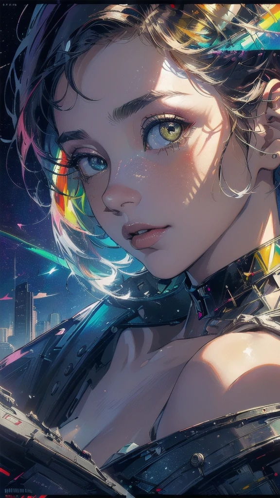 (((masterpiece, highest quality))),(((solo:1.2))),(((1girl:1.2))),32k wallpaper, very detailed, poster, vintage science fiction,(((((geometric cinematic movie poster))))), ((((bauhaus)))),(((abstract))),((((mid century modern)))),(((((portfolio))))),(((((Close-up))))),(((((bust up))))),((((more various angle)))),(((highlight))),((((heterochromia)))),(((complete. detailed face))),(((Extremely talented))),(((most complecated machine))),(((Overall colorfully))),((((((Absolutely gradation background)))))),(((amazing rainbow)))