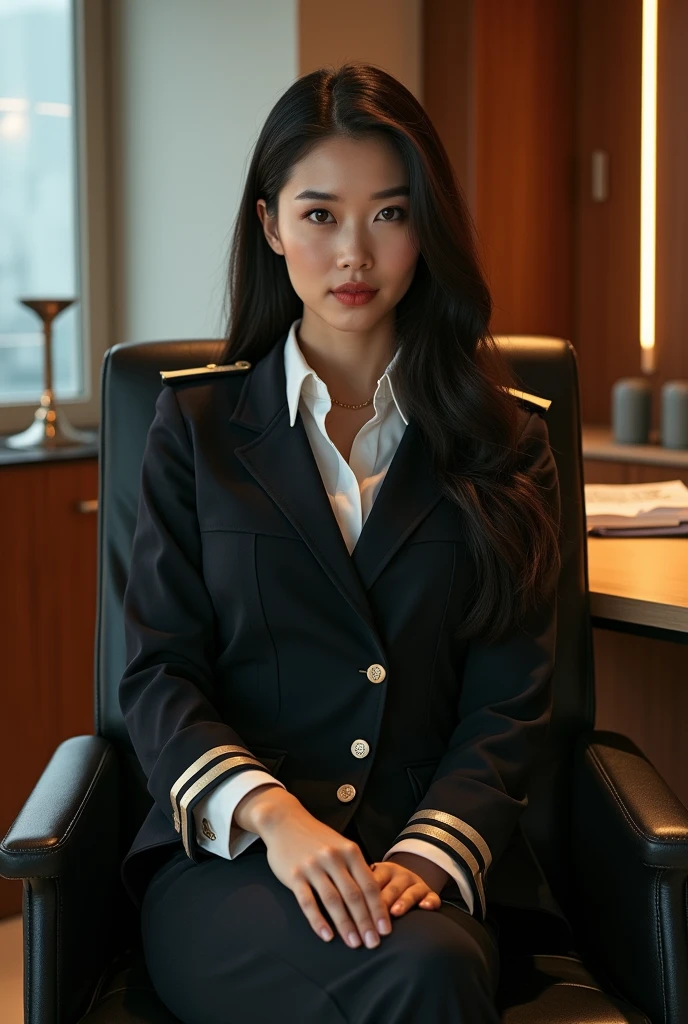 Illustrate a nude Asian woman with long straight hair wearing an officer's uniform sitting in an office chair.