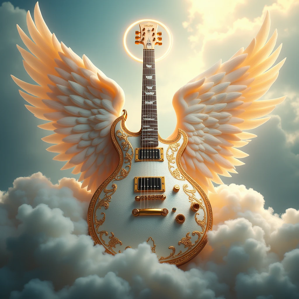 masterpiece), (best quality), an electric guitar which has the angel-shaped body, with an angel's face and wings,
