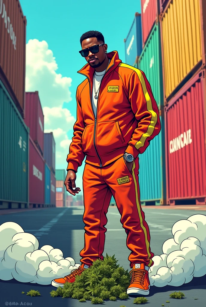 An animated cartoon image of a person wearing a Gucci handbag and a Louis Vuitton tracksuit standing at a harbor in front of containers. In front of the person are 20 kilograms of cannabis and cocaine. 