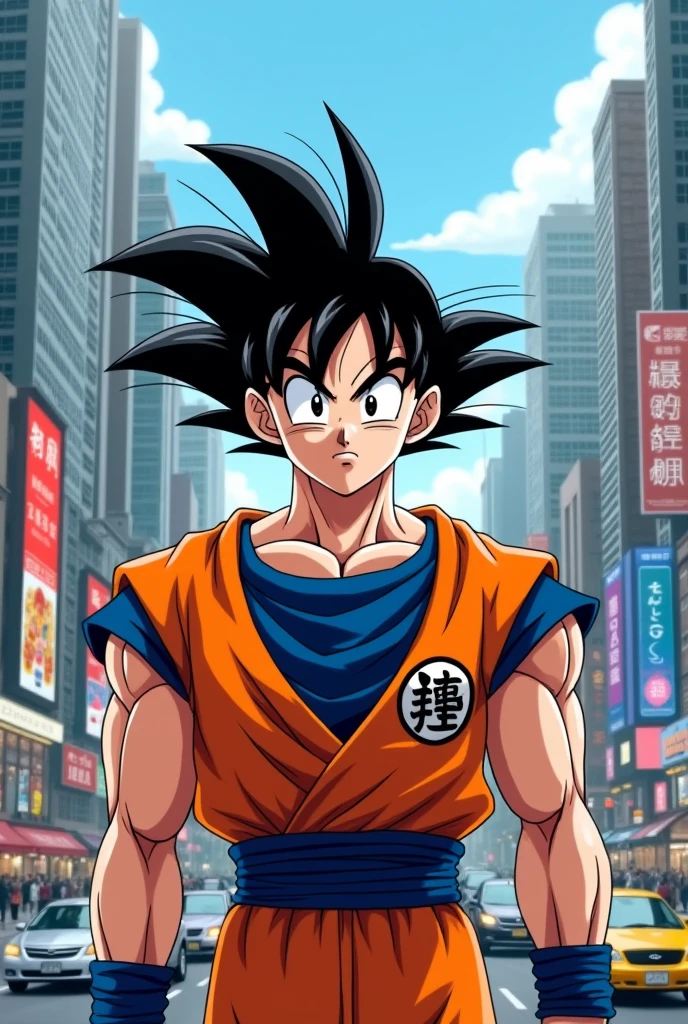 Draw Goku looking annoyed at the viewer in the city