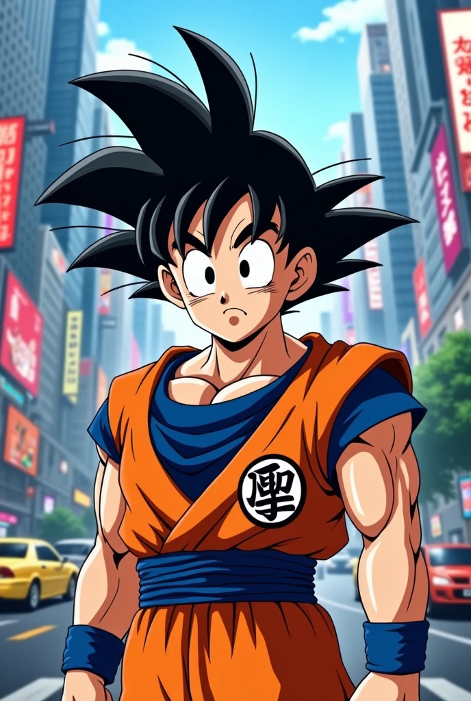 Draw Goku looking annoyed at the viewer in the city 